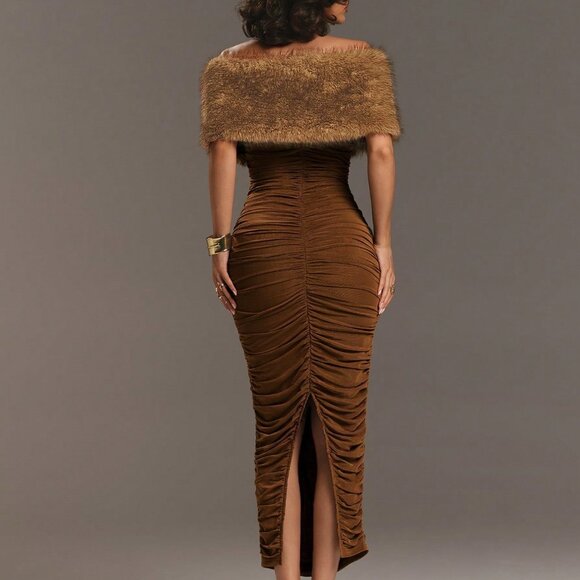 Coffee Party Women's Patchwork Fluffy Off-Shoulder Ruched Fitted Elegant Dress - Picture 2 of 7